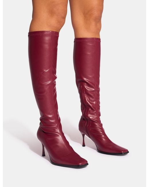 Public Desire Red Scorpion Burgundy Mid Heel Sock Knee High Boots