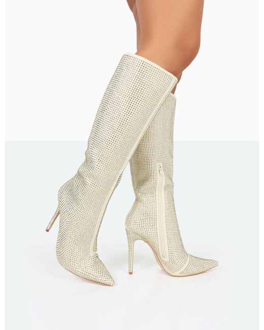 Public Desire White Lexi Gold Diamante Stiletto Knee High Boots
