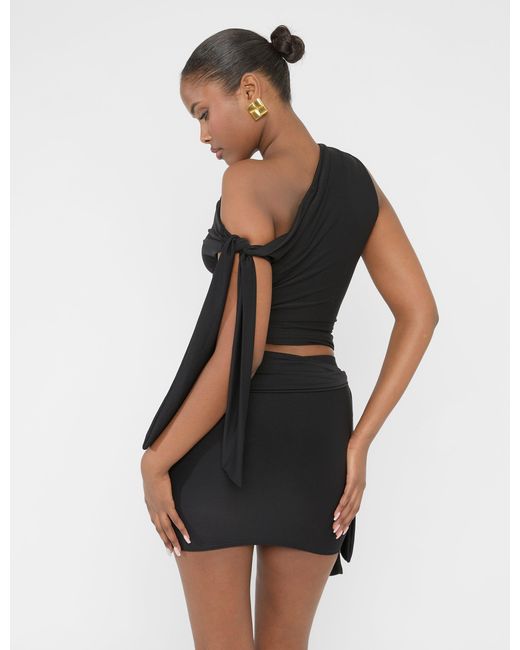 Public Desire Blue Knot Detail Asymmetric One Shoulder Luxe Slinky Top Black
