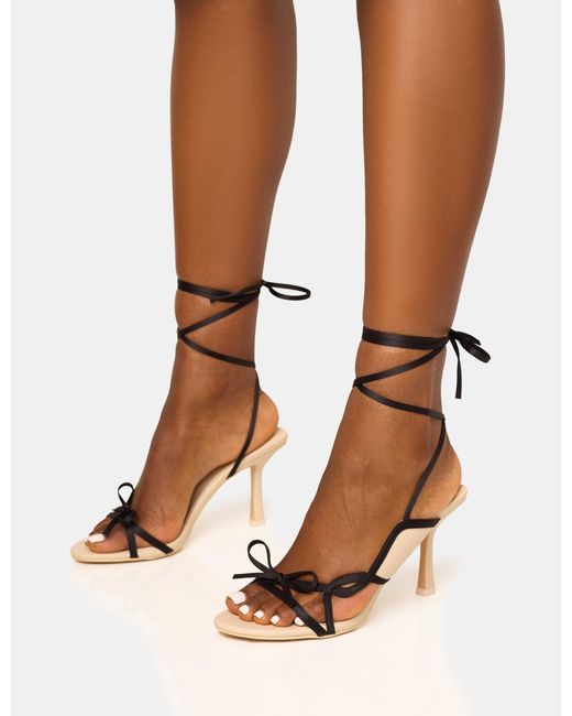 Public Desire Brown Heroine Cream And Black Bow Detailing Lace Up Stiletto Mid Heels