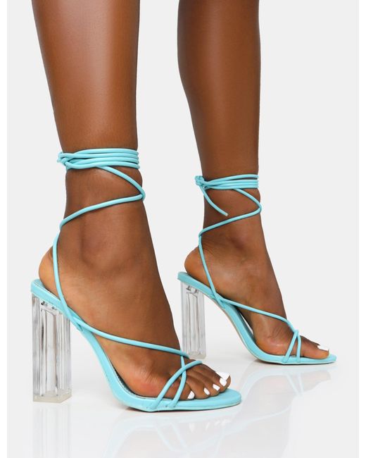 Public Desire Clara Blue Pu Strappy Lace Up Round Toe Clear Perspex Heels |  Lyst