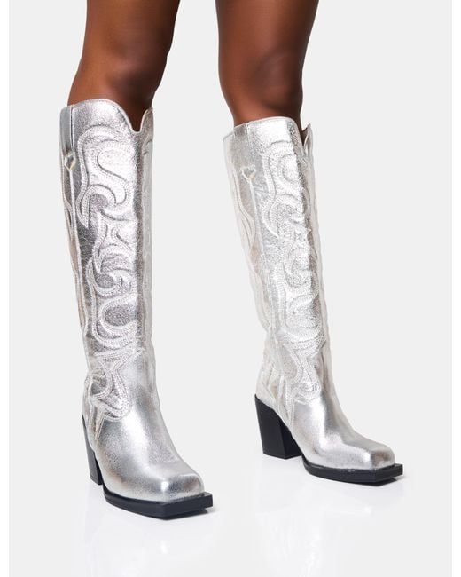 Public Desire White Austine Wide Fit Silver Western Block Heel Knee High Boots