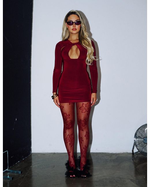 Public Desire Red Twist Detail Plunge Mini Dress Burgundy