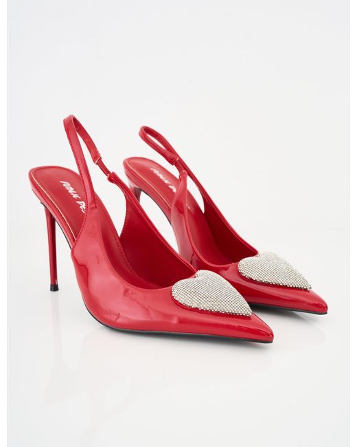 Public Desire Elvis Red Patent Diamante Heart Brooch Slingback Pointed Toe Court High Heels