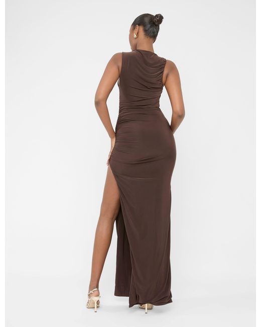 Public Desire Gray High Neck Ruched Detail Maxi Dress Chocolate