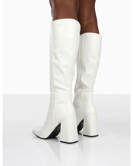 Public Desire Apology White Pu Knee High Block Heel Boots