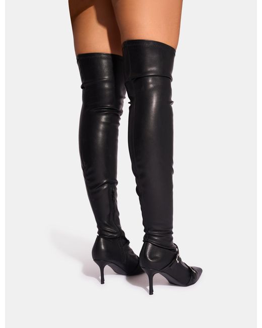 Public Desire Roulette Black Pointed Toe Diamante Buckle Mid Heel Over The Knee Sock Boots
