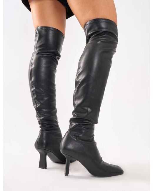 Public Desire Electra Black Square Toe Mid Heeled Over The Knee Boots