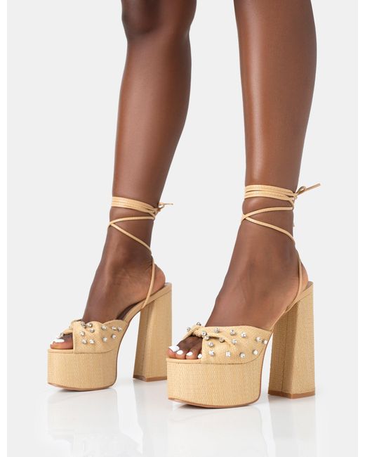 Public Desire Brown Crete Raffia Diamante Twist Strap Lace Up Platform Block Heels