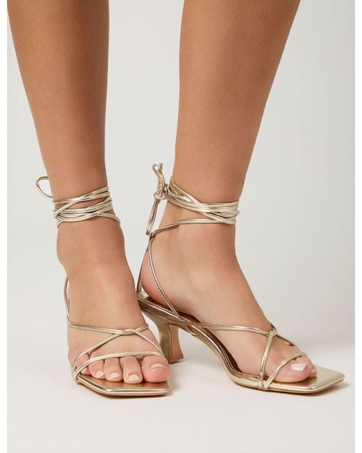 Public Desire Natural Shibuya Gold Snake Pu Square Toe Lace Up Low Heels