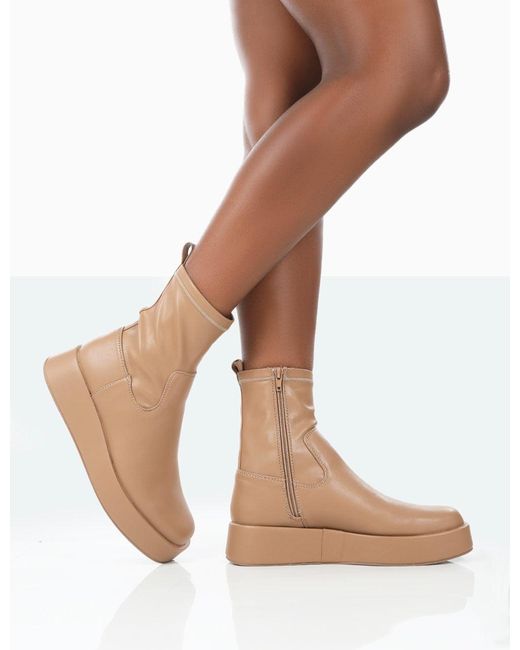 Public Desire Natural Not Okay Nude Pu Chunky Sole Platform Sock Ankle Boots
