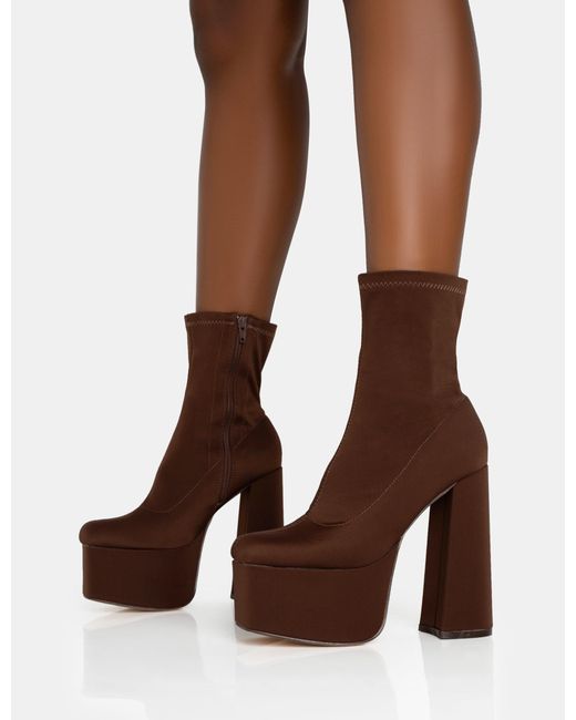Public Desire Brown Dominate Chocolate Nylon Platform Rounded Square Toe Block Heeled Ankle Boots