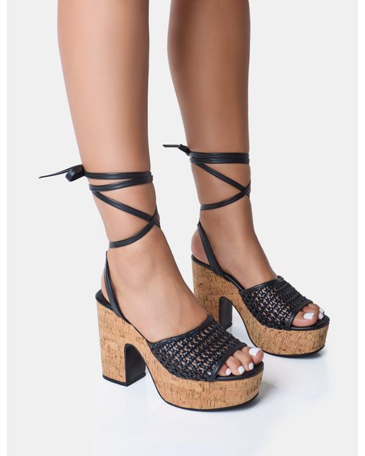 Public Desire Jos Black Wide Fit Netted Lace Up Cork Platform Sandals