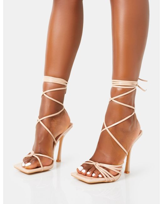 Public Desire Brown Solange Nude Patent Lace Up Strappy Square Toe High Heels