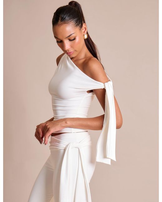 Public Desire Knot Detail Asymmetric One Shoulder Luxe Slinky Top White