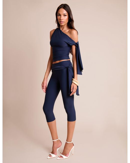 Public Desire Blue Knot Detail Asymmetric One Shoulder Luxe Slinky Top Navy