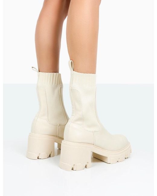 Public Desire White Everdeen Ecru Pu And Knit Chunky Heeled Platform Sock Ankle Boots
