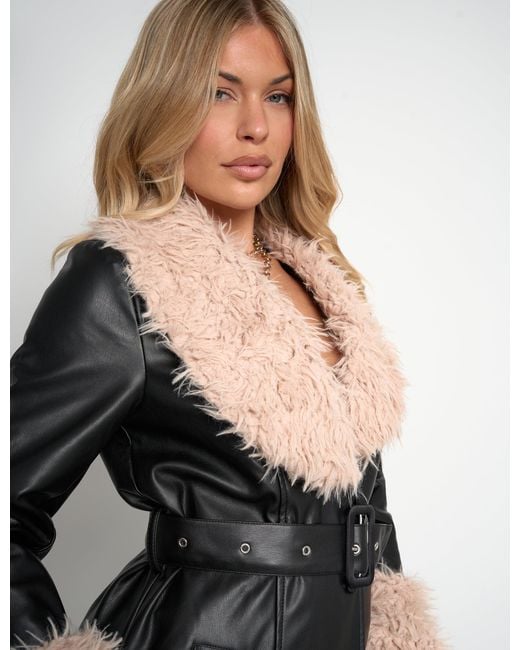 Public Desire Faux Fur Trim Belted Faux Leather Trench Coat Black