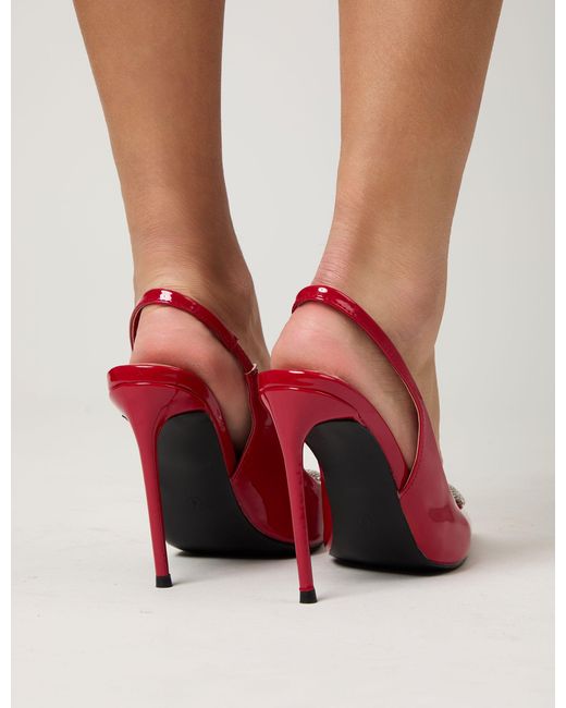 Public Desire Elvis Red Patent Diamante Heart Brooch Slingback Pointed Toe Court High Heels