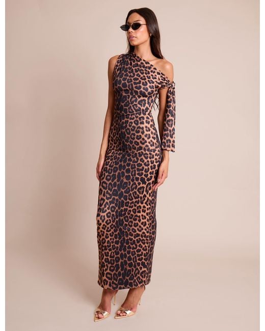 Public Desire Natural Knot Detail Asymmetric One Shoulder Luxe Slinky Maxi Dress Leopard