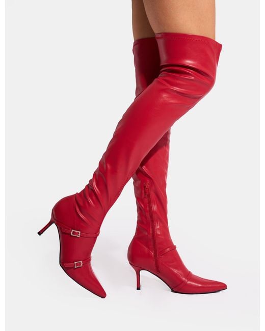 Public Desire Roulette Red Pointed Toe Diamante Buckle Mid Heel Over The Knee Sock Boots