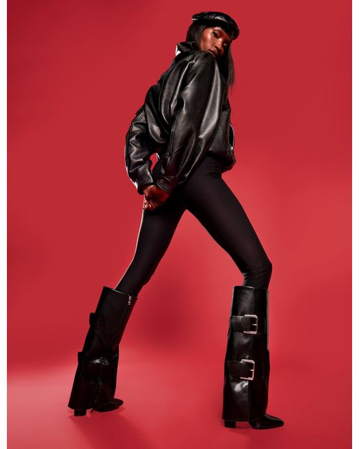 Public Desire River Black Double Buckle Detail Pu High Knee Boots