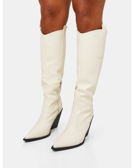 Public Desire White Nevada Ecru Western Cowboy Pointed Toe Block Heel Knee High Boots