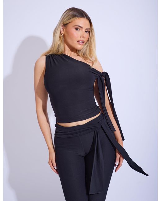 Public Desire Blue Knot Detail Asymmetric One Shoulder Luxe Slinky Top Black