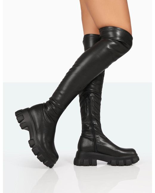 Public Desire Synthetic Junya Black Pu Over The Knee Chunky Sole Boots ...