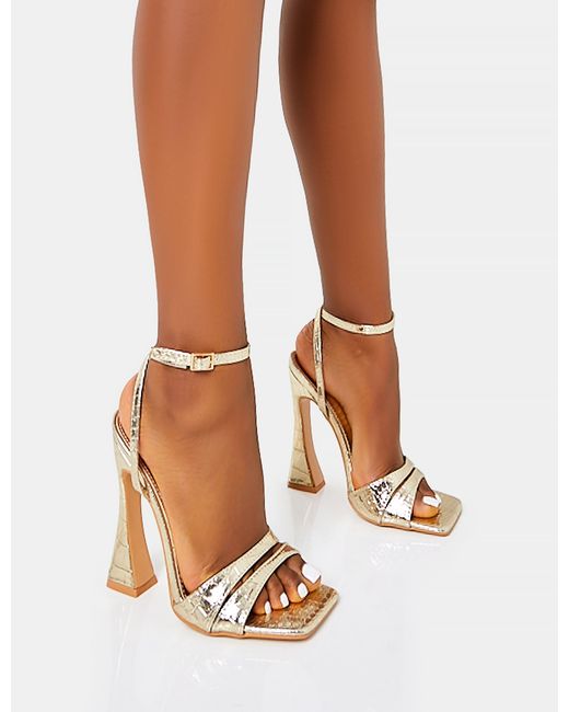 Public Desire Brown Saintly Gold Croc Wrap Around The Ankle Barley There Square Toe Flared Block High Heels