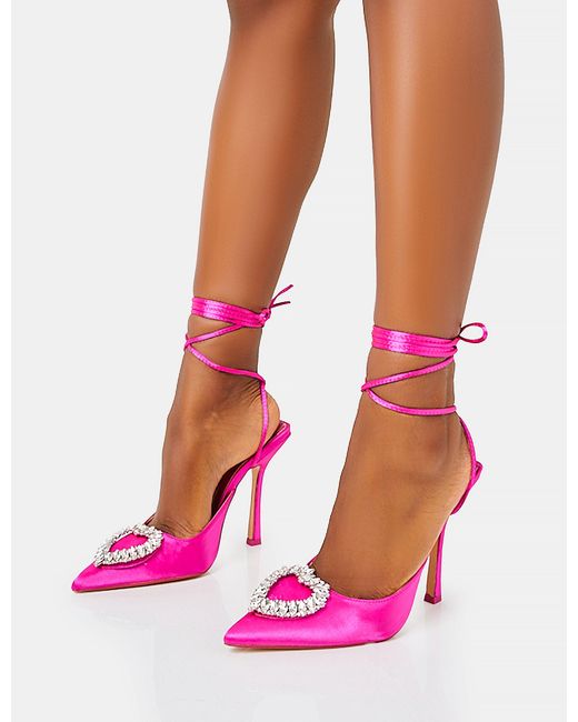 Public Desire Lover Hot Pink Satin Love Heart Diamante Broach Slingback Lace Up Pointed Court Stiletto Heels