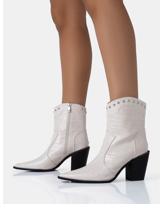 Public Desire White Riley Ecru Croc Metal Studded Detail Western Cowboy Block Ankle Boots