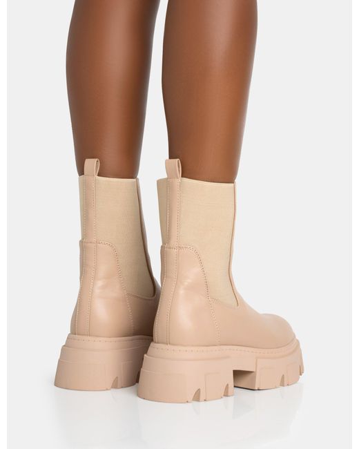 Public Desire Natural Edgy Taupe Pu Elasticated Ankle Rounded Chunky Sole Ankle Boots
