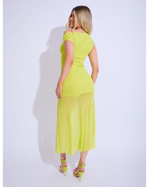 Public Desire Yellow Gold Trim Off The Shoulder Mesh Insert Maxi Dress Lime