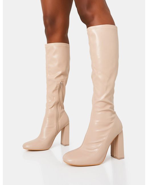Public Desire Natural Christina Wide Fit Nude Pu Pointed Toe Block Heel Knee High Boots