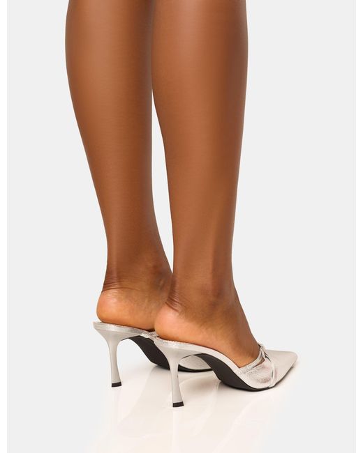 Public Desire Brown Casanova Cracked Silver Buckle Detail Pointed Toe Mid Heel Mules