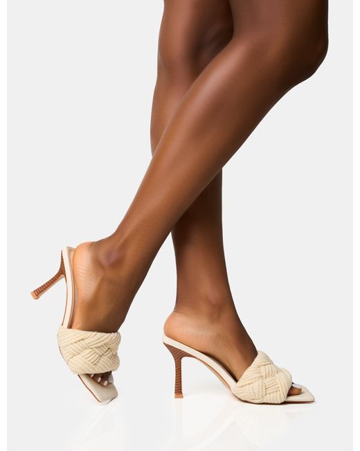 Public Desire Brown Nectar Cream Wooden Stack Knitted Square Toe Heels