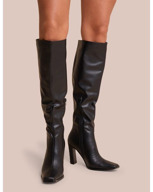 Public Desire Blue Acquilla Black Knee High Flared Heel Boots