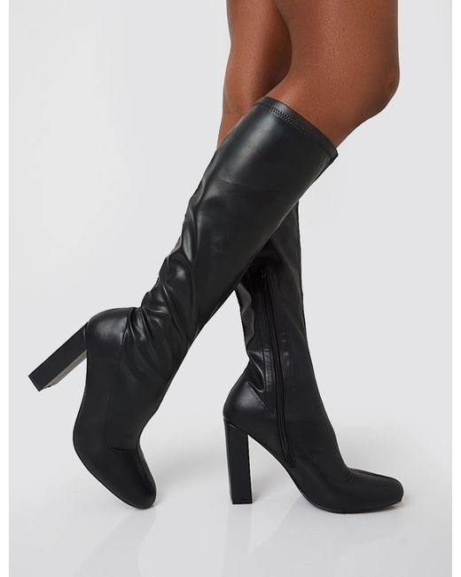 Public Desire Multicolor Christina Black Pu Pointed Toe Block Heel Knee High Boots