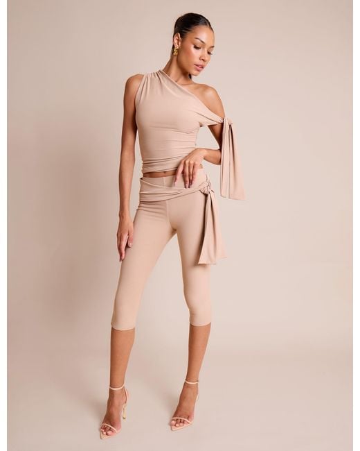 Public Desire Natural Knot Detail Asymmetric One Shoulder Luxe Slinky Top Stone