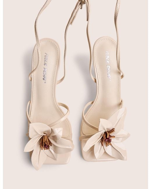 Public Desire Black Hydrangea Stone Patent Flower Barely There Square Toe Mid Heels