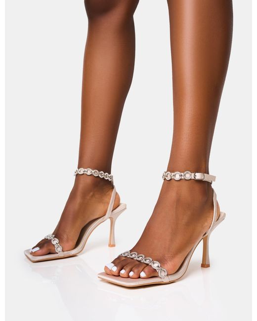 Public Desire Brown Tameika Nude Diamante Strap Barely There Mid Heels