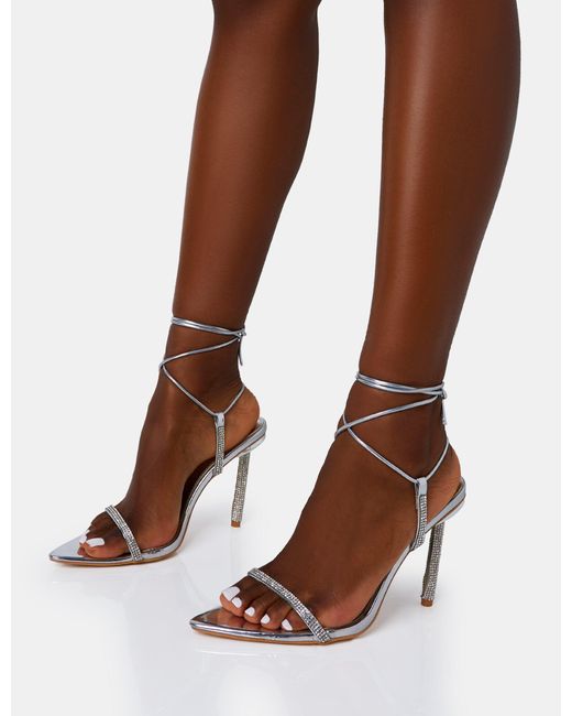 Public Desire Brown Dream Silver Mirror Strappy Diamante Heel Detail Pointed Toe Stiletto