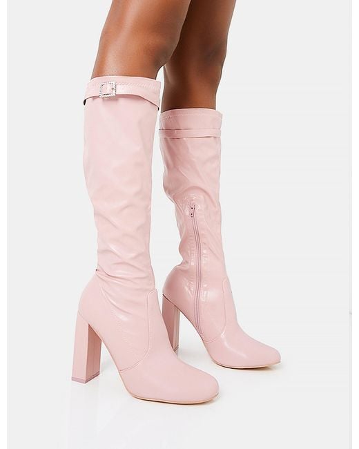 Public Desire First Class Dusty Pink Buckle Strap Knee High Block Heeled Boots