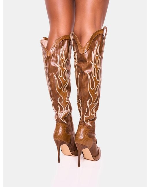 Public Desire Multicolor Jacksonville Brown Flame Motif Western Stiletto Heeled Over The Knee Boot
