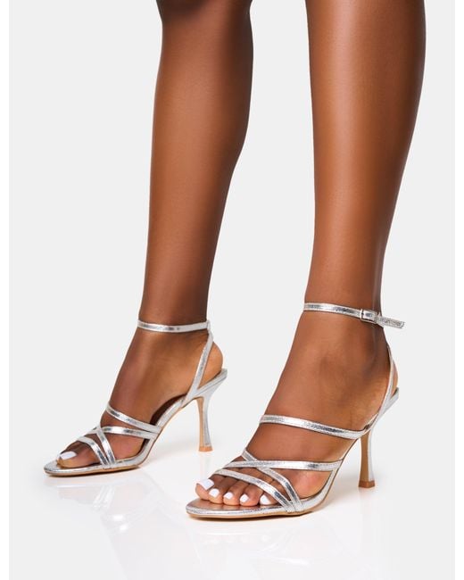 Public Desire Brown Free Spirit Silver Strappy Round Toe Mid Heels