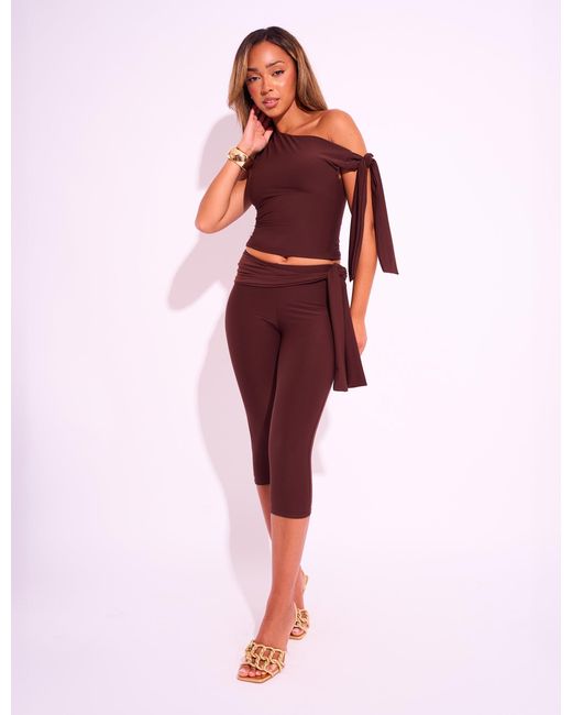 Public Desire Red Knot Detail Tie Side Luxe Slinky Capri Pants Chocolate