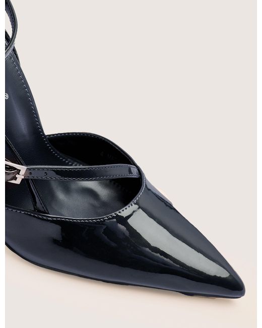 Public Desire Natural Idol Navy Patent Buckle Strappy Detail Stiletto Court High Heels
