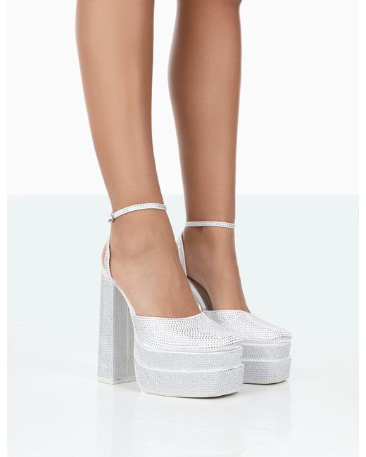 Public Desire Moonchild White Diamanté Satin Closed Toe Platform Block Heels