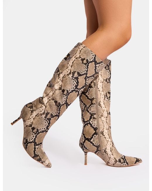 Public Desire White Amped Snake Pointed Toe Mid Heel Knee High Boots